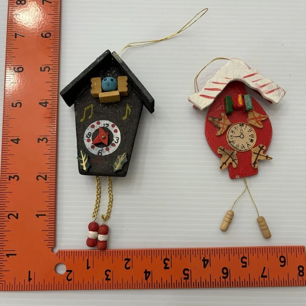 Vintage Wooden Cuckoo Clock Christmas Ornaments Lot Of 2 Hand Painted